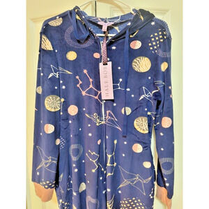 Hale Bob Pajama Hooded Jumpsuit Womens S Blue Soft Stretchy Constellations $188